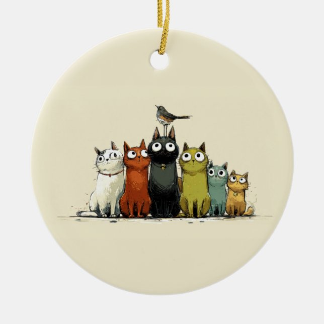 Färgglada Kattrupp – Sött Whimsical Kattkonst Julgransprydnad Keramik (Framsidan)