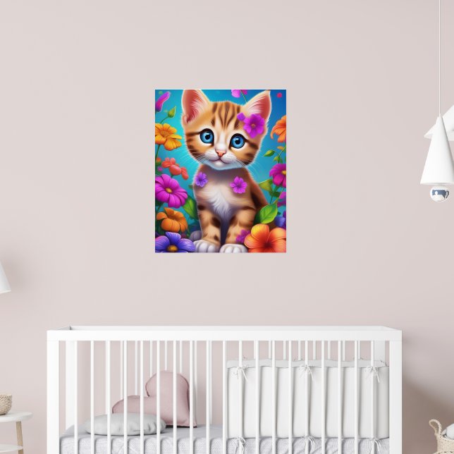 Färgglada kattunge och blommor Barnväggsposter Poster (Barnkammare 2)