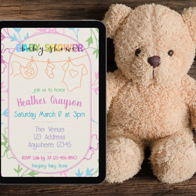 Färgglada kläder med blommor Baby Shower Inbjudningar (Skapare uppladdad)