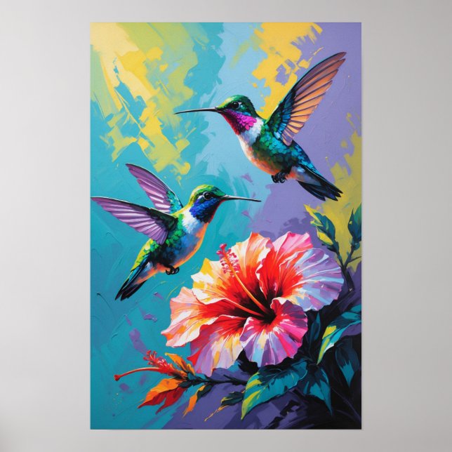 Färgglada kolibrier med tropiskt blommster vibrera poster (Framsidan)