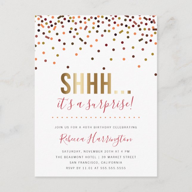 Färgglada Konfetti Sss... Det är en Överraskningsf Inbjudan Vykort (Framsida)