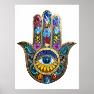 Färgglada kronblad blad Hamsa Safir Tredje ögat Poster