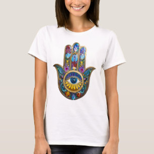 Färgglada kronblad blad Hamsa Safir Tredje ögat T Shirt