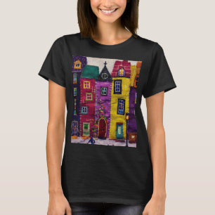 Färgglada lapptäcken hus textil konst t shirt