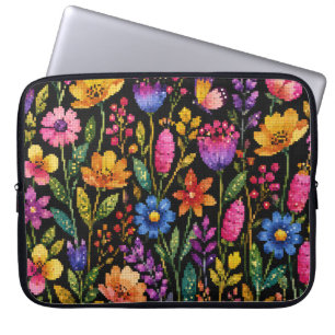 Färgglada livfulla blommor på svart bakgrund laptop fodral