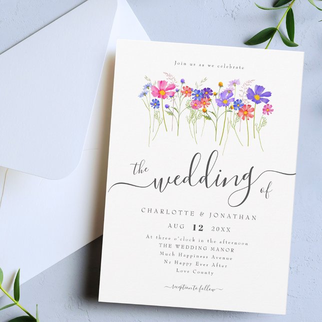Färgglada Livfulla Djärva Vilda Blommor Bröllop Inbjudningar (Colorful Vibrant bold watercolor wildflower blue purple pink orange yellow wedding invitation )