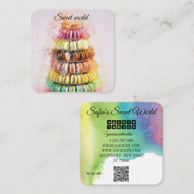 Färgglada Macarons Godis Qr Kod Modern Fyrkantigt Visitkort (Fram/baksida)