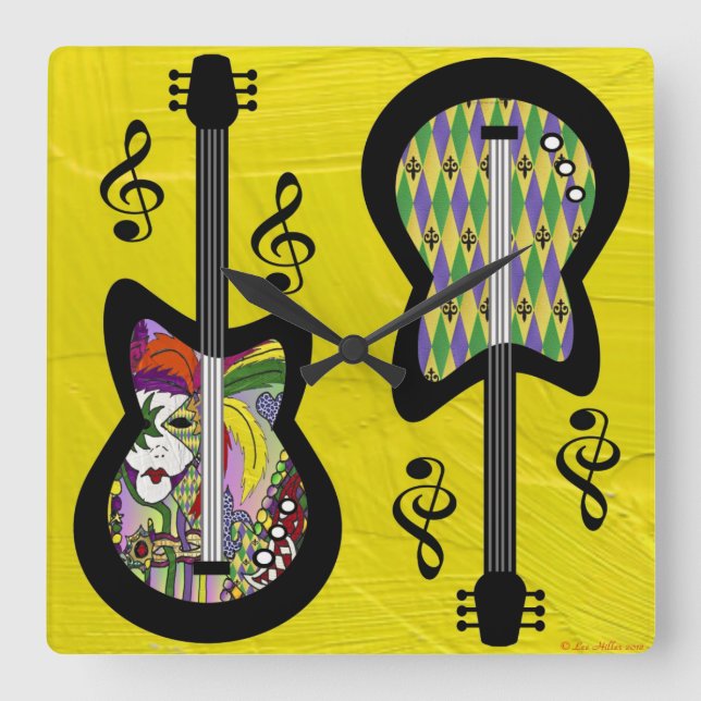 Färgglada Mardi Gras-gitarrer Fyrkantig Klocka (Framsida)