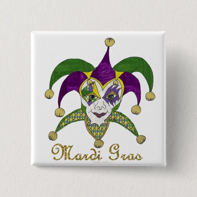 Färgglada Mardi Gras-narrar Mask Knapp (Framsida)