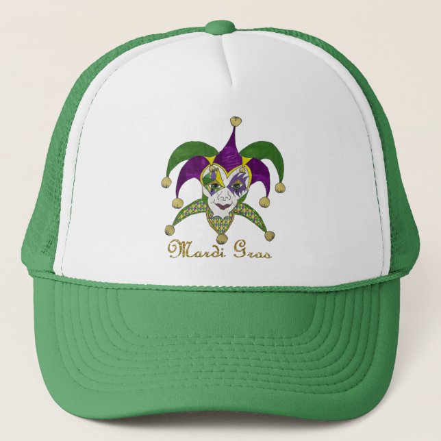 Färgglada Mardi Gras-narrar Mask Truckerkeps (Framsida)