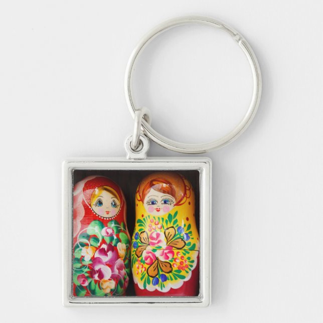 Färgglada Matryoshka-dockor Fyrkantig Silverfärgad Nyckelring (Framsidan)