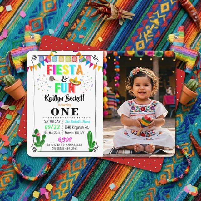 Färgglada mexikanska fiesta & rolig 1-års fotofest inbjudningar (Skapare uppladdad)