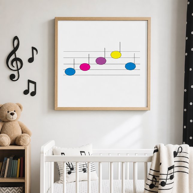 Färgglada Musiknoter Musikälskare Poster (A poster with a blue, pink, purple and yellow music notes on a musical staff.)