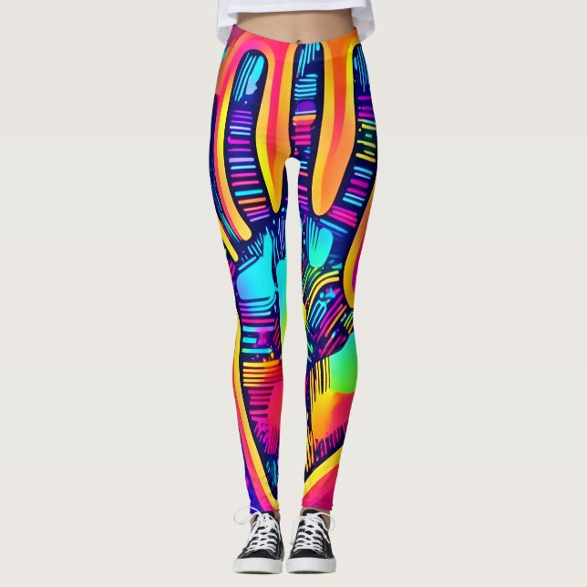 Färgglada neon fem och halv fingrar tryck konst leggings (Framsida)