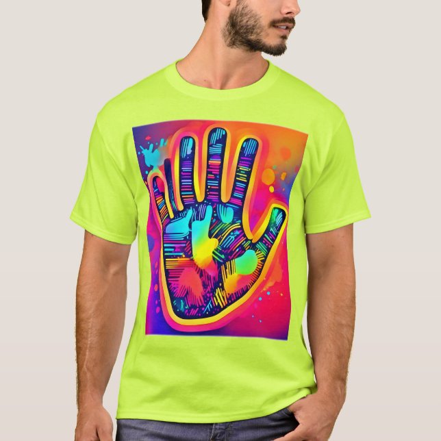 Färgglada neon-fem-och-halvfingeravtryck konst t shirt (Framsida)