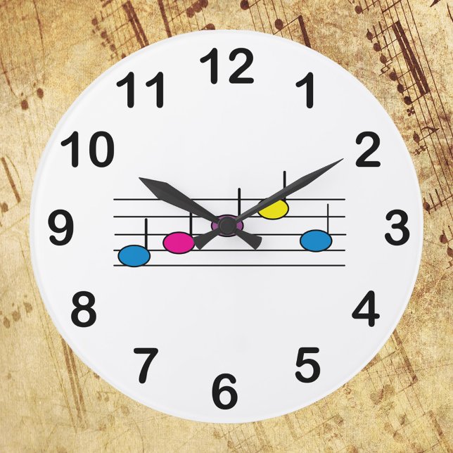 Färgglada notvärden på notlinje med siffror stor klocka (A fun clock with a picture of colorful music notes)