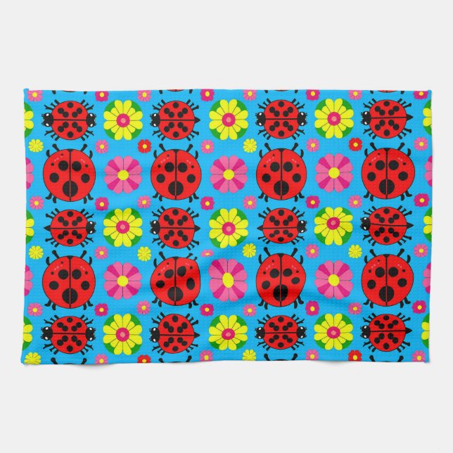 🐞 Färgglada Nyckelpigor Blå Blomsterträdgård Kökshandduk (Horisontell)