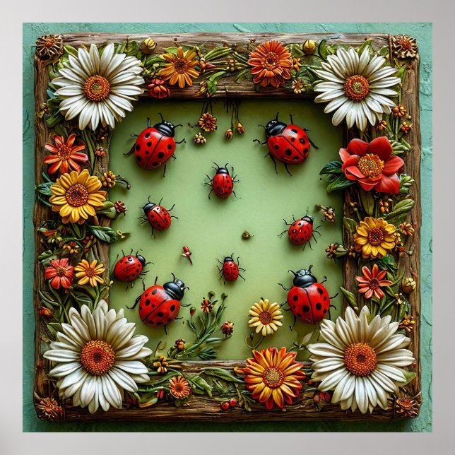 🌼 Färgglada Nyckelpigor Blommor Present För Hemme Poster (Framsidan)