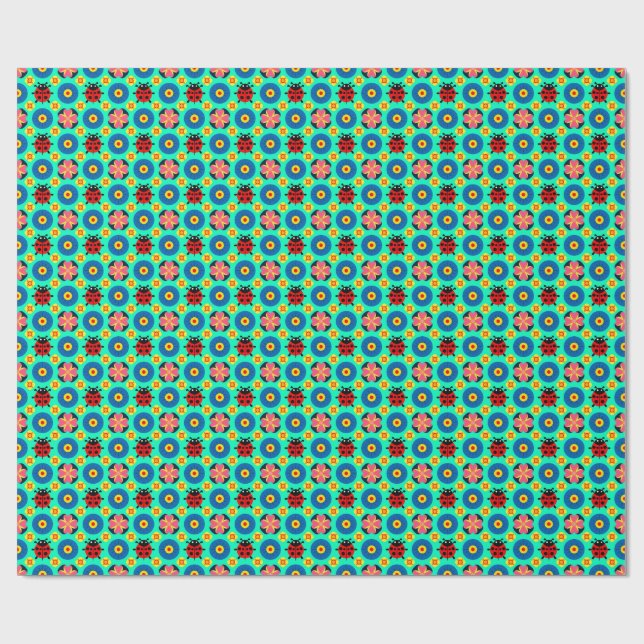 Färgglada nyckelpigor och blommor presentpapper (Platt)
