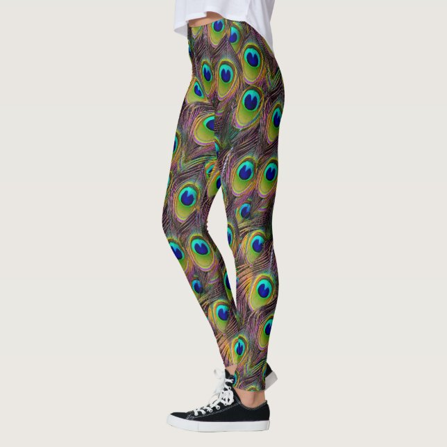 Färgglada påfågelsfjädrar blå och gröna leggings (Vänster)