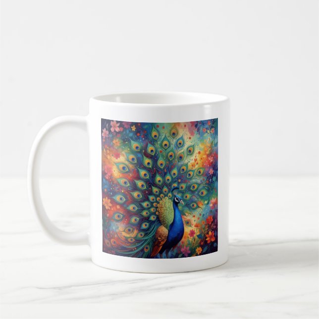 Färgglada påfågelsfjädrar och blommor kaffemugg (Vänster)