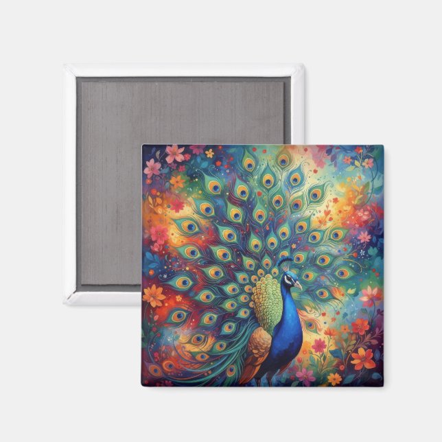 Färgglada påfågelsfjädrar och blommor magnet (Front/Back)