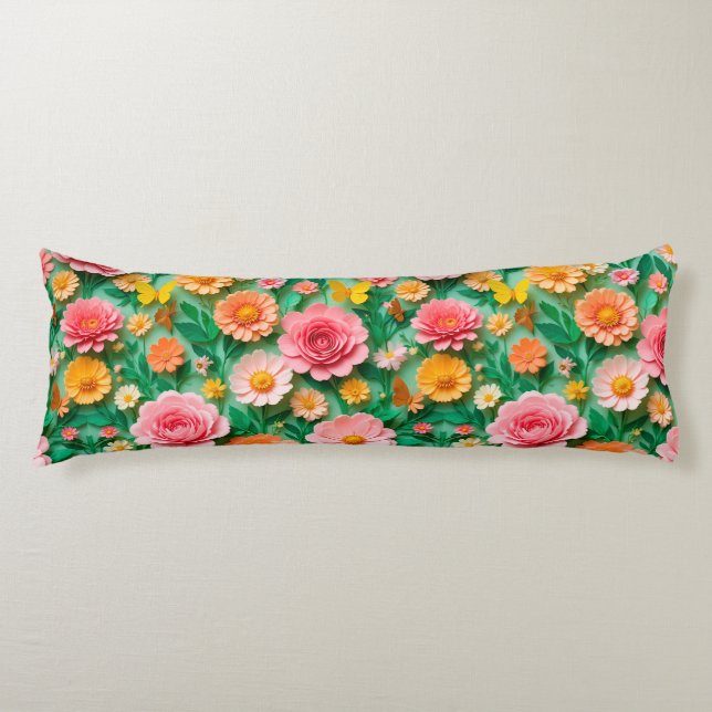 Färgglada pappersblommor och fjärilar kroppskudde (Framsidan)