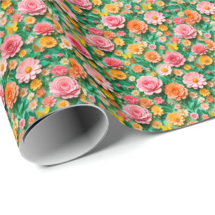 Färgglada pappersblommor och fjärilar presentpapper
