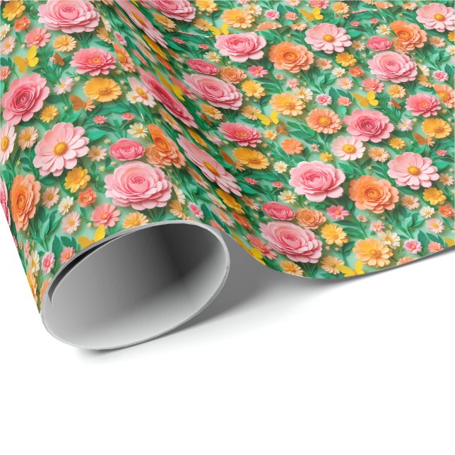 Färgglada pappersblommor och fjärilar presentpapper (Rullad Hörn)