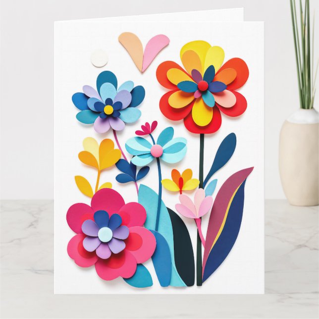 Färgglada pappersklippta blommor Glädjefull botani Kort (Framsida)