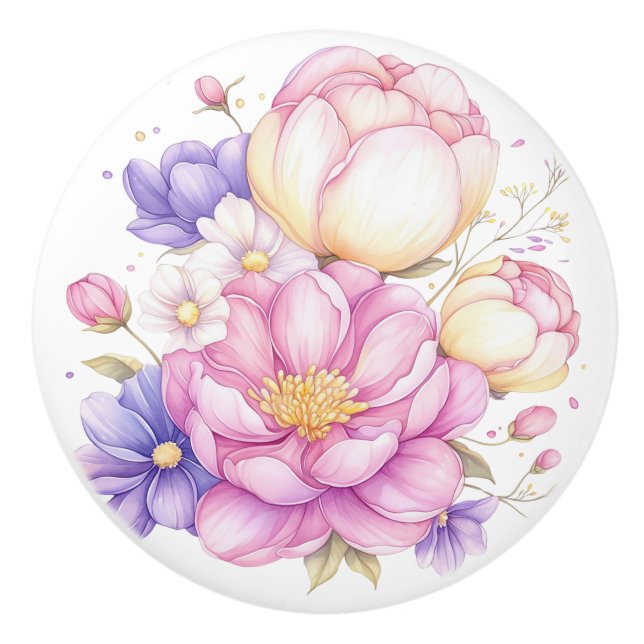 Färgglada pastellblommor Blommig keramisk knopp (Framsidan)