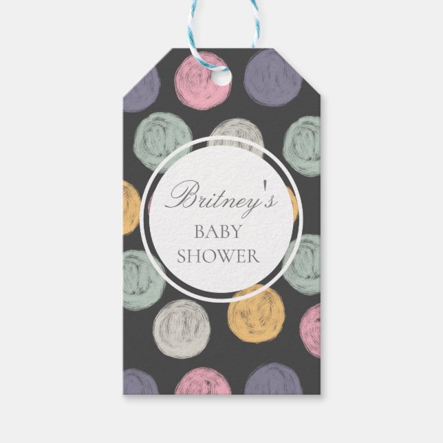 färgglada pastellfärgade prickiga babyshowersprese presentetikett (Framsidan)