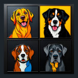 Färgglada Pop Art-porträtt av bedårande hundar Poster<br><div class="desc">Pop art-representationer av fyra bedårande hundar med hjälp av djärva färger och livfulla bakgrunder. Varje hund är unikt porträtterad med tonvikt på personlighet, charm och samtida konstnärliga tekniker.</div>