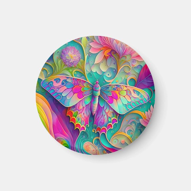 Färgglada Psykedeliska Fjärilar och Blommor  Magnet (Framsidan)