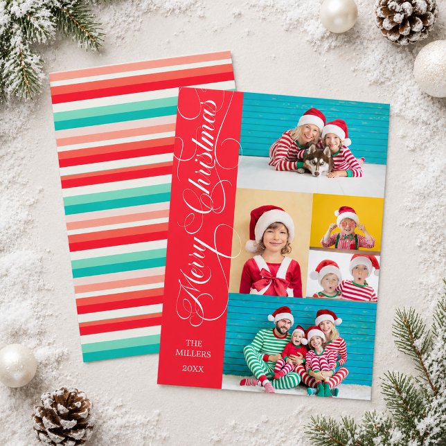 Färgglada ränder Foto Skript God Jul Julkort (Colorful Stripes Photo Script Merry Christmas Holiday Card)