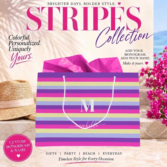 Färgglada ränder med monogramstil  (Colorful Stripes Collection -Monogram and Script-Purple Pink Yellow and Blue)
