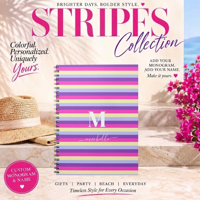 Färgglada Ränder med Monogramstil  Anteckningsbok (Colorful Stripes Collection -Monogram and Script-Purple Pink Yellow and Blue)