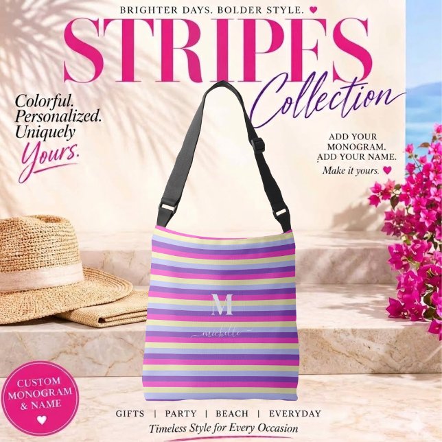 Färgglada Ränder med Monogramstil Axelväska (Colorful Stripes Collection Tote Bag- purple, pink, yellow and blue- Monogram and Script)