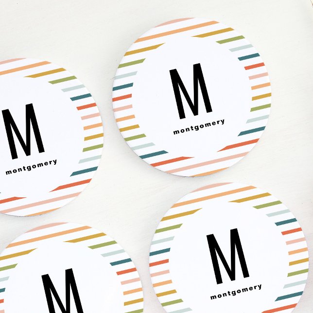 Färgglada ränder Monogram cocktail Underlägg Papper Rund (Colorful Stripes Monogrammed Cocktail Round Paper Coaster)