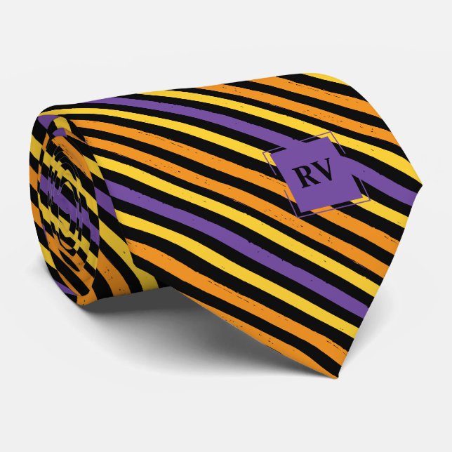 Färgglada Ränder Monogram Lila Orange och Svart Slips (Rullad)