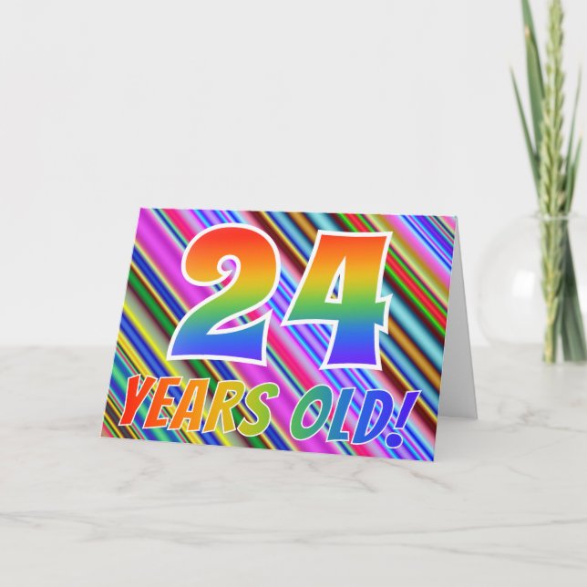 Färgglada ränder + regnbågsmönster "24 år gammal!" kort (Framsida)