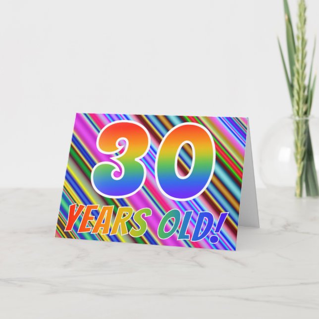 Färgglada ränder + regnbågsmönster "30 år gammal!" kort (Framsida)