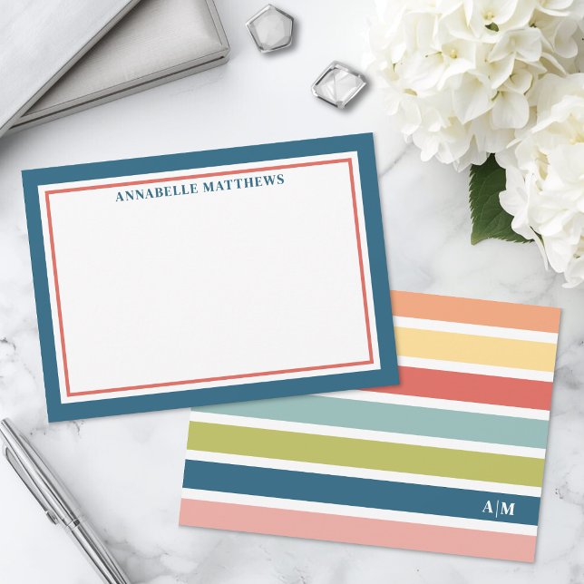 Färgglada Ränder Snyggt Monogram Anteckningskort (Colorful Stripes Cute Monogram Note Card)