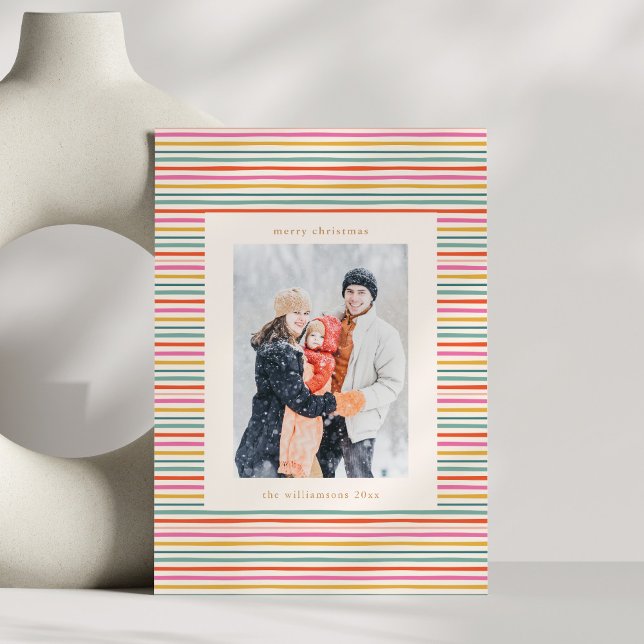Färgglada Ränder Whimsical Familj Jul Foto Julkort (Skapare uppladdad)