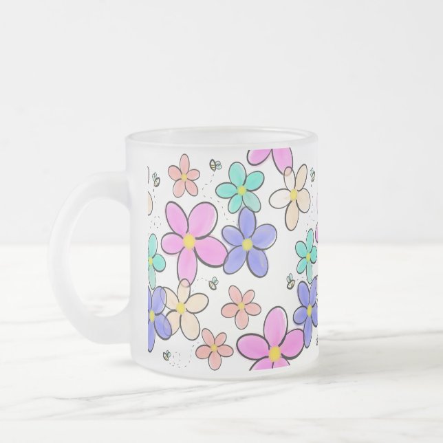 färgglada regnbågsljusa blommor humlor blommig frostad glasmugg (Vänster)