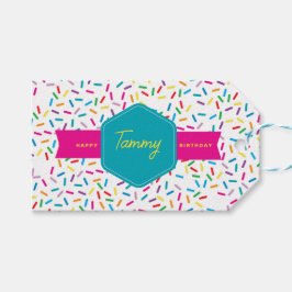 Färgglada regnbågsströssel födelsedagsfest presentetikett