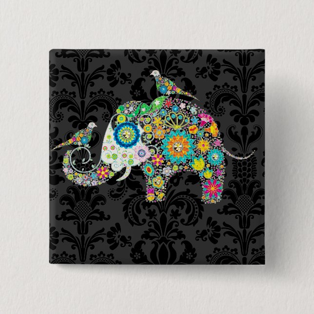 Färgglada Retro Blommor Elefant & Fåglar Knapp (Framsida)