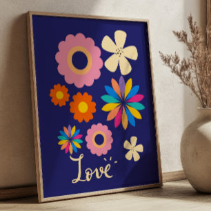 Färgglada Retro Blommor på Marinblå Kärlek Floral Poster