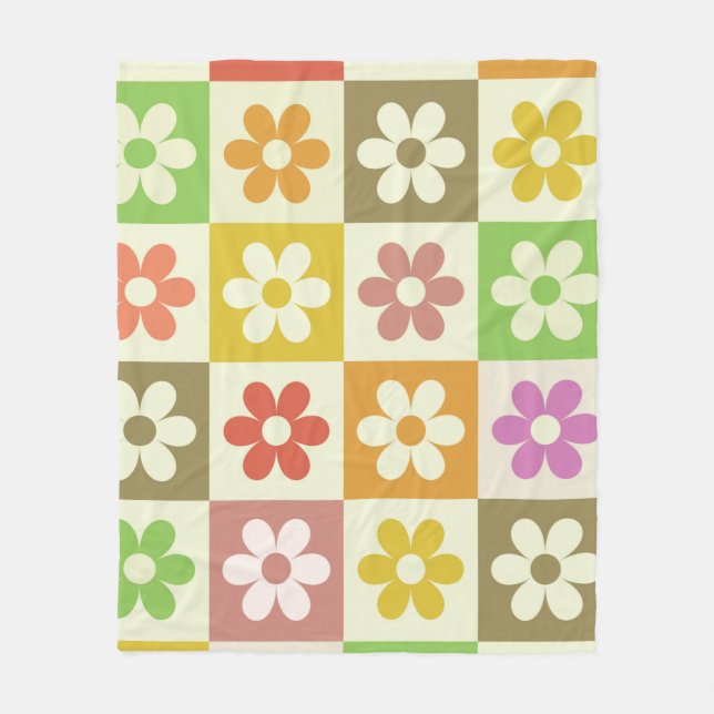 Färgglada Retro Blommor på Rutigt Mönster  Fleecefilt (Framsidan)