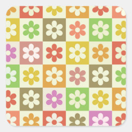 Färgglada Retro Blommor på Rutigt Mönster Fyrkantigt Klistermärke